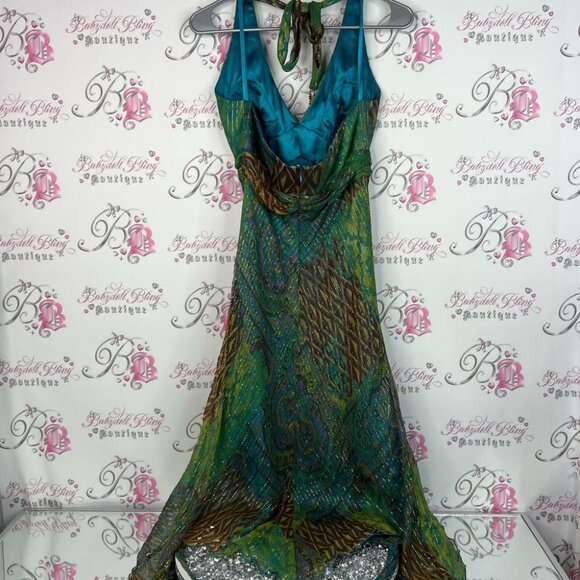 Cache dress long halter tie up beaded tassle Green and Brown Backless Dress - Picture 2 of 15